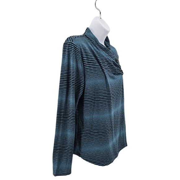 Habitat Teal Black Striped Button Cowl Neck Stretch Top Womens Small Long Sleeve - Picture 2 of 9